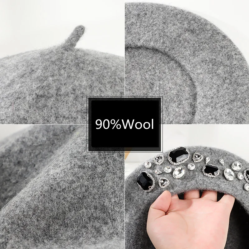 Beret French Wool - Fransız Bere Kalın Yapay Elmas Dekorlu